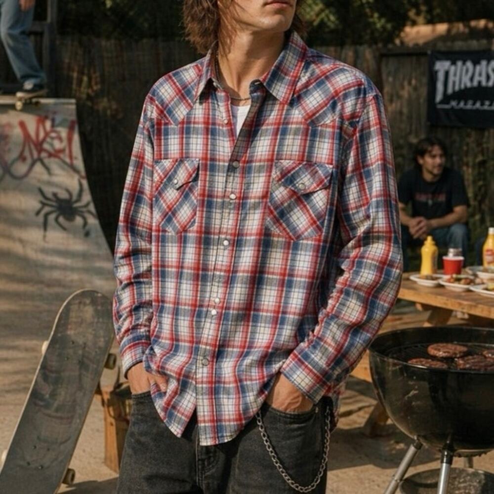 Levi’s Vintage Blue Red Plaid Snap Button Down Western Grunge Shirt Men XL
